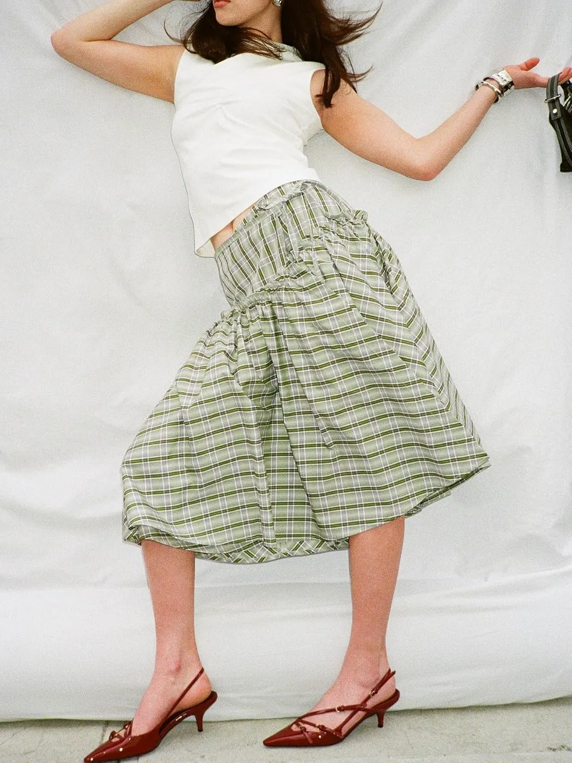 Sunloudy Women Gingham Print Midi Skirt Low Rise Plaid A Line Maxi Skirt Trendy Pleated Swing Long Skirt