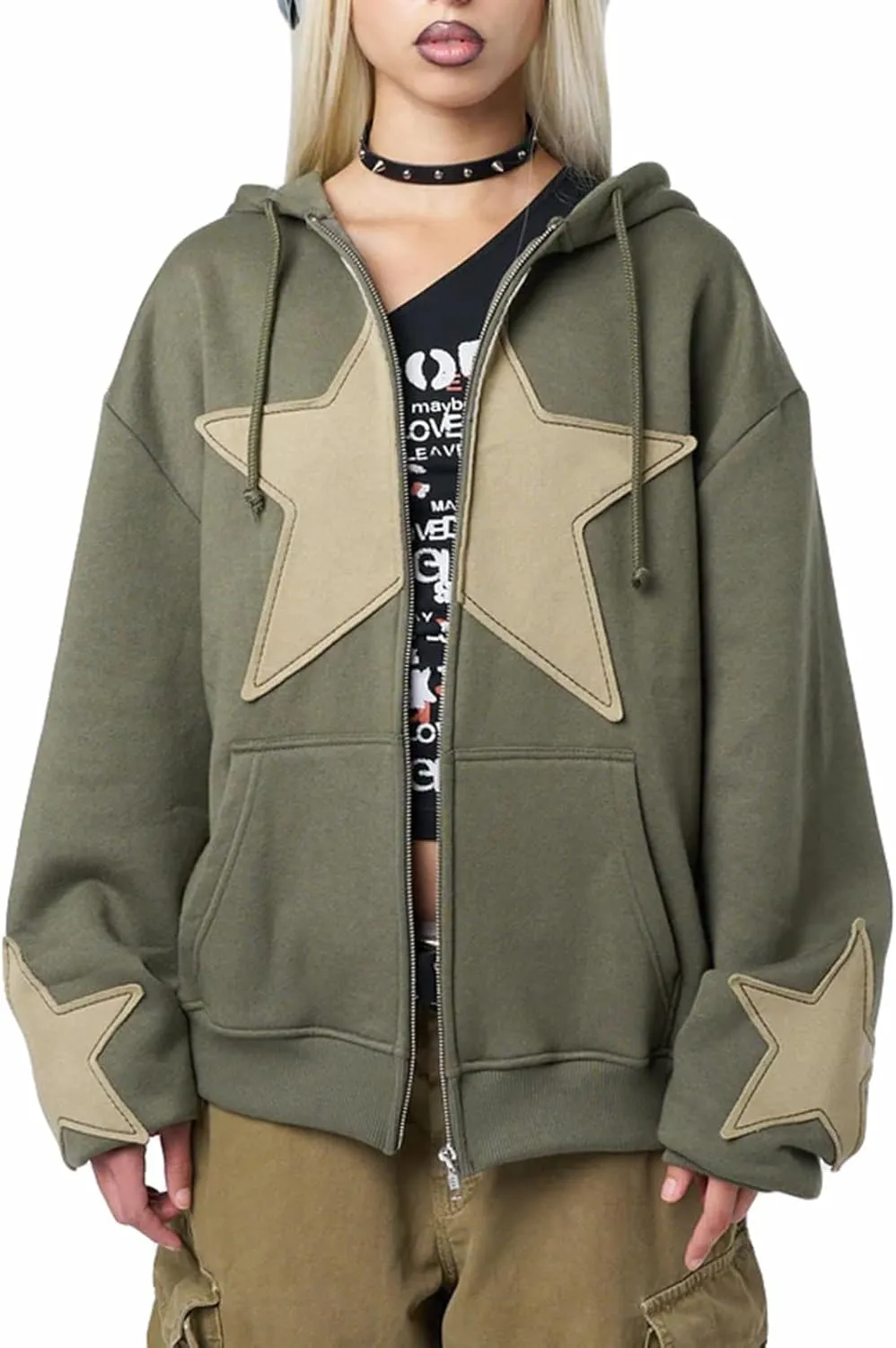 Sunwittafy Y2k Hoodie Men Women Letter Print Zip Up Hoodie Grunge Star Oversized Sweatshirt Harajuku Jacket Streetwear