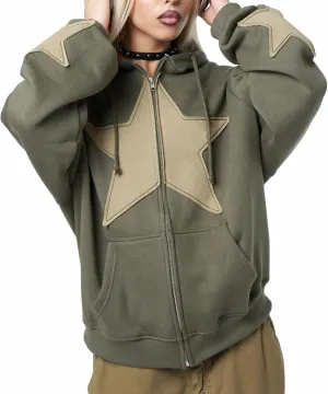 Sunwittafy Y2k Hoodie Men Women Letter Print Zip Up Hoodie Grunge Star Oversized Sweatshirt Harajuku Jacket Streetwear