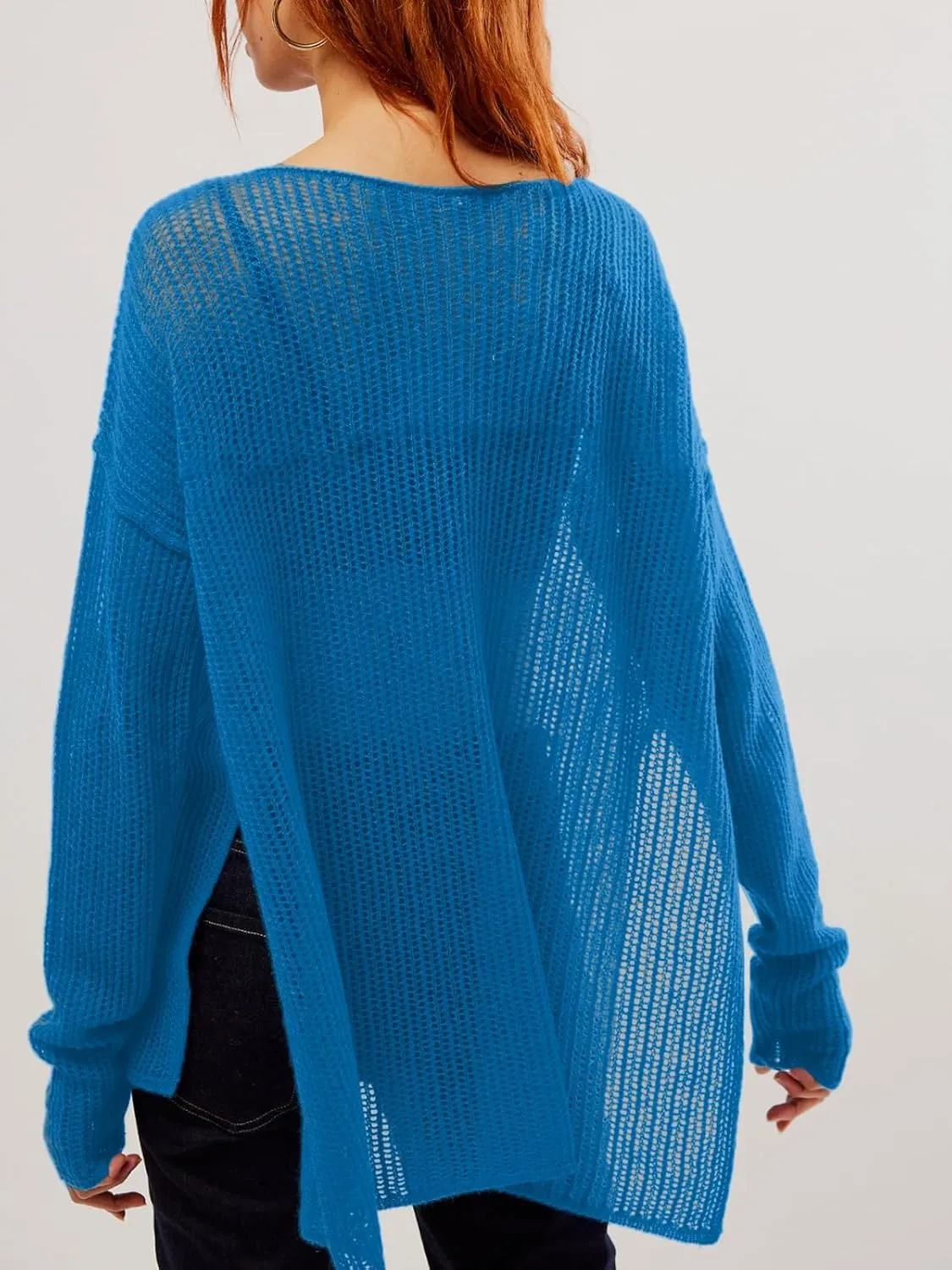 SuperPrity Womens Tops Long Sleeve Crochet Knit Top 2024 Hollow Out Side Split Swimsuit Cover Up Beach Vacation Outfit