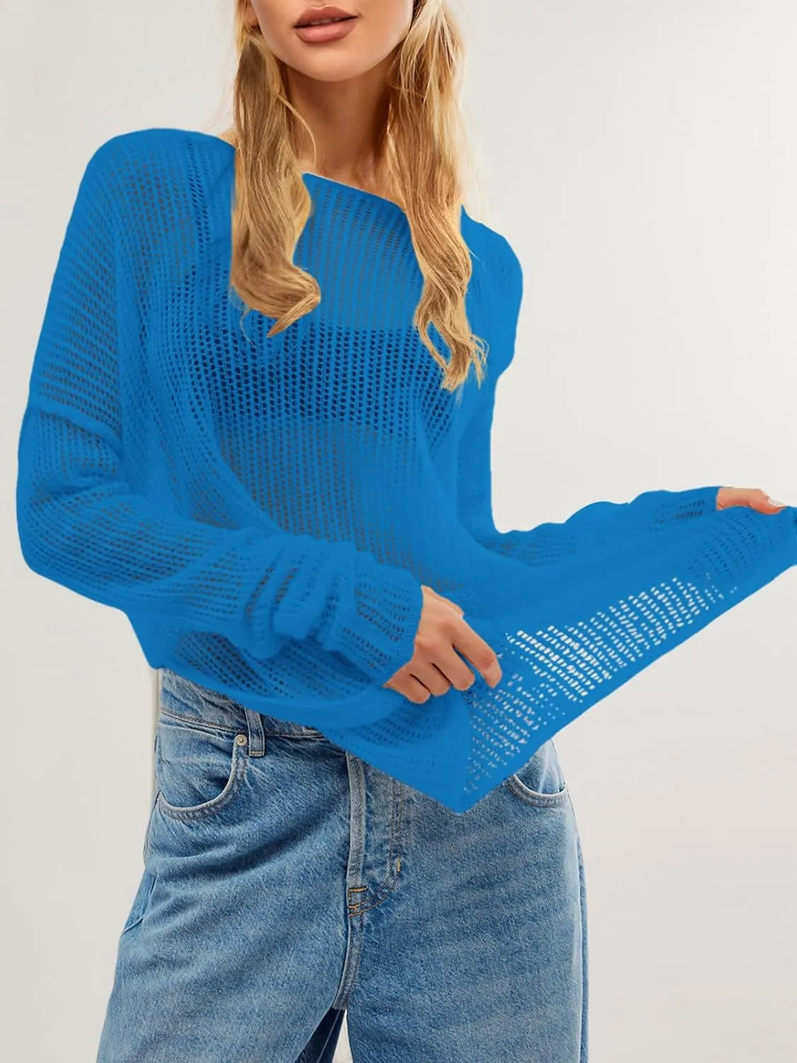 SuperPrity Womens Tops Long Sleeve Crochet Knit Top 2024 Hollow Out Side Split Swimsuit Cover Up Beach Vacation Outfit