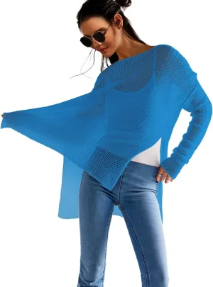 SuperPrity Womens Tops Long Sleeve Crochet Knit Top 2024 Hollow Out Side Split Swimsuit Cover Up Beach Vacation Outfit