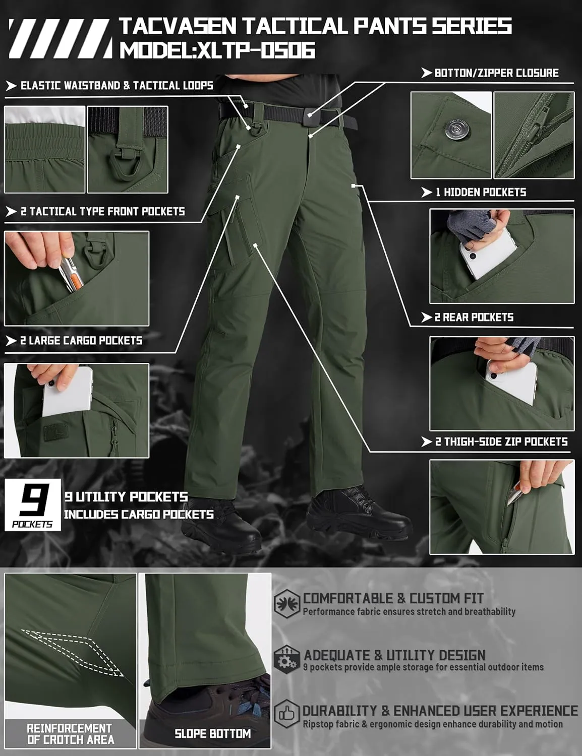 TACVASEN Men's Cargo Work Pants Construction Tactical Water Resistant Lightweight Outdoor Hiking Pants with 9 Pockets