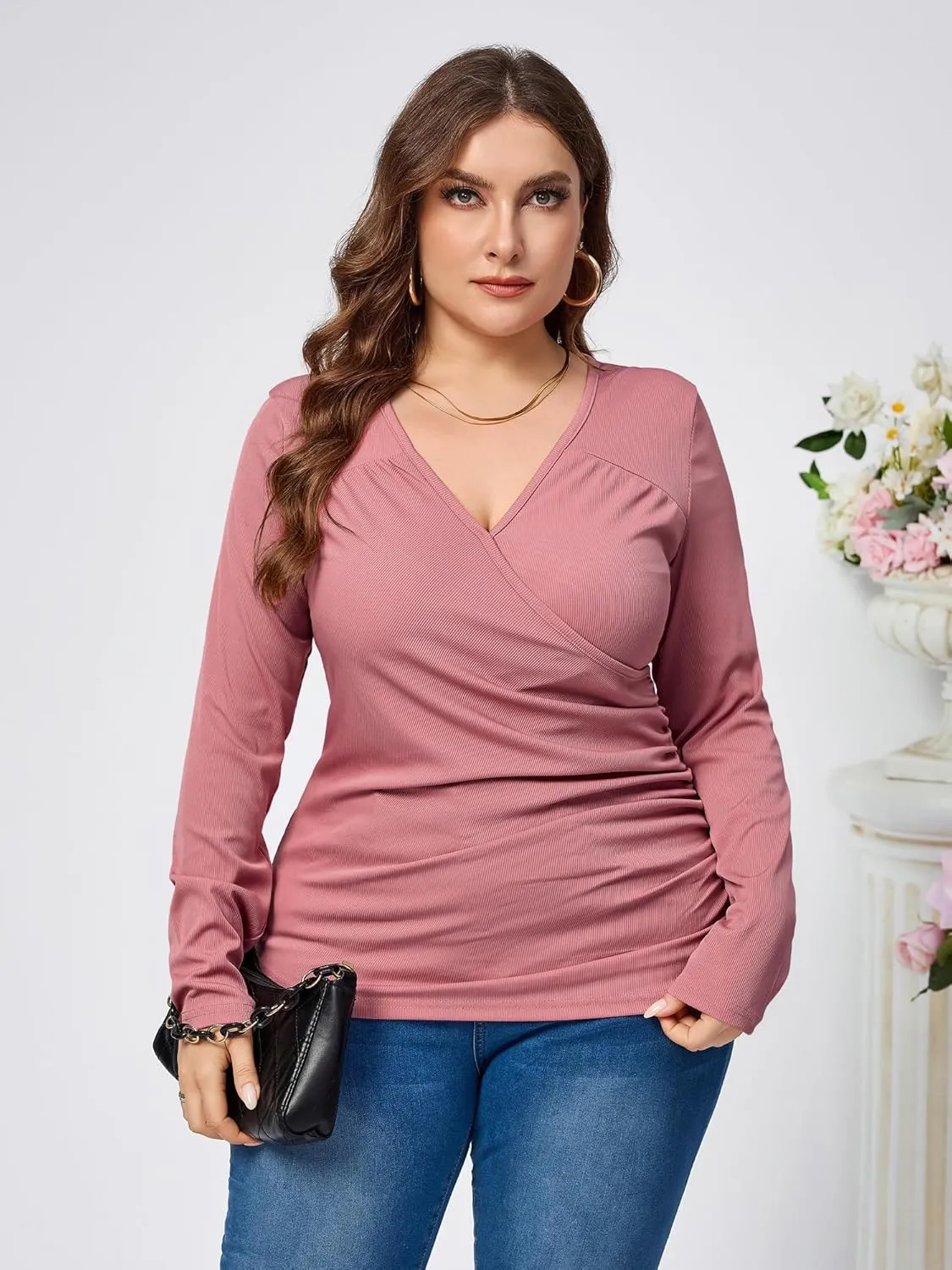 TAKEYAL Women Plus Size Wrap Tops Long Sleeve V Neck Ruched T-Shirt Sexy Casual Fall Trendy Tunic Top 2024