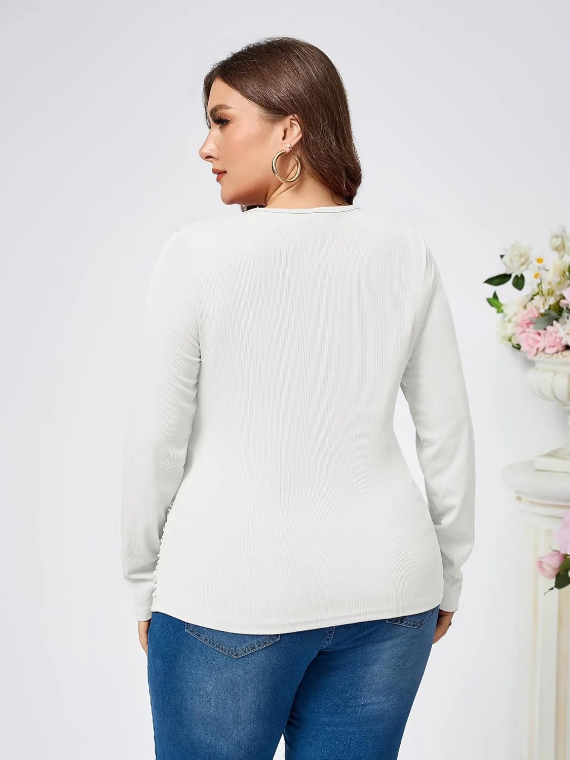 TAKEYAL Women Plus Size Wrap Tops Long Sleeve V Neck Ruched T-Shirt Sexy Casual Fall Trendy Tunic Top 2024