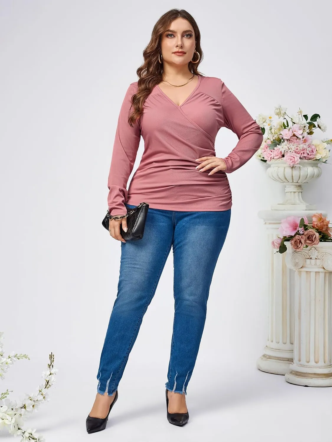 TAKEYAL Women Plus Size Wrap Tops Long Sleeve V Neck Ruched T-Shirt Sexy Casual Fall Trendy Tunic Top 2024