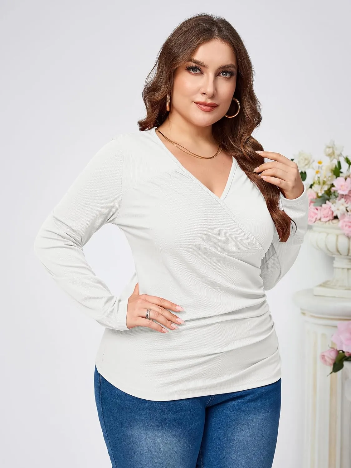 TAKEYAL Women Plus Size Wrap Tops Long Sleeve V Neck Ruched T-Shirt Sexy Casual Fall Trendy Tunic Top 2024