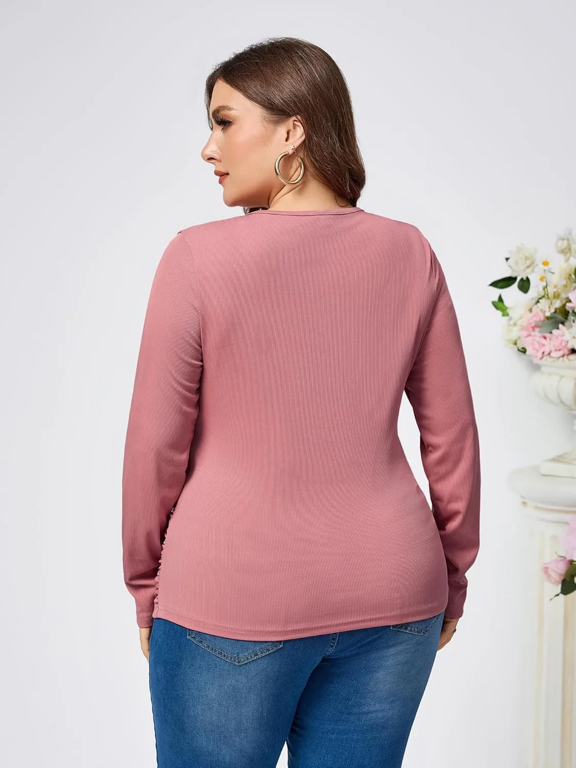 TAKEYAL Women Plus Size Wrap Tops Long Sleeve V Neck Ruched T-Shirt Sexy Casual Fall Trendy Tunic Top 2024