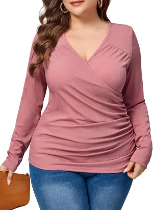 TAKEYAL Women Plus Size Wrap Tops Long Sleeve V Neck Ruched T-Shirt Sexy Casual Fall Trendy Tunic Top 2024