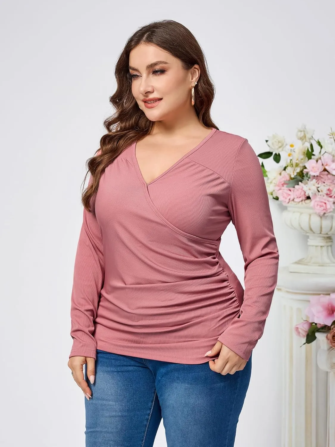 TAKEYAL Women Plus Size Wrap Tops Long Sleeve V Neck Ruched T-Shirt Sexy Casual Fall Trendy Tunic Top 2024