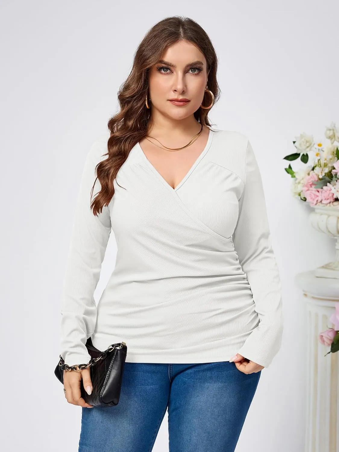 TAKEYAL Women Plus Size Wrap Tops Long Sleeve V Neck Ruched T-Shirt Sexy Casual Fall Trendy Tunic Top 2024