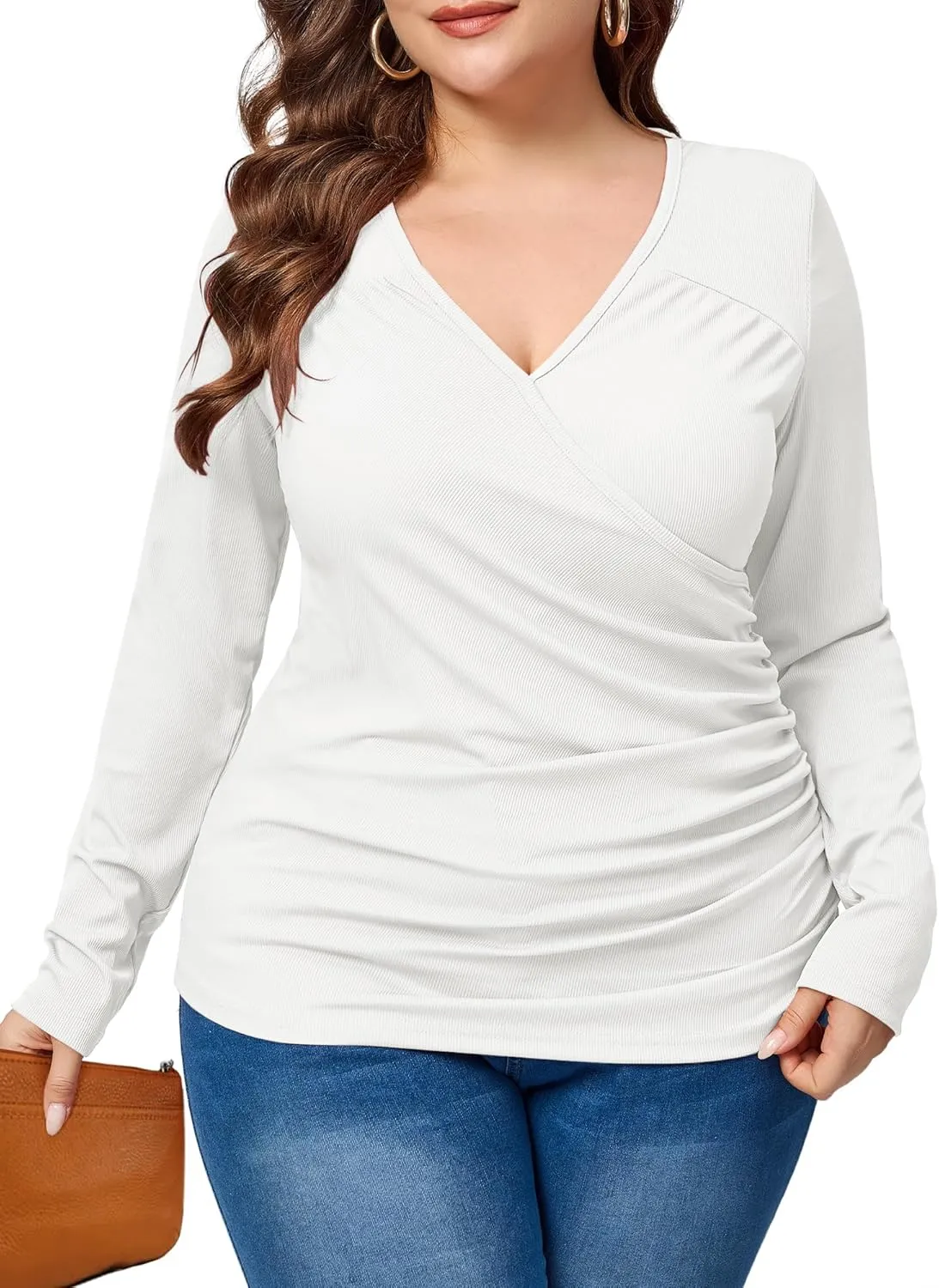 TAKEYAL Women Plus Size Wrap Tops Long Sleeve V Neck Ruched T-Shirt Sexy Casual Fall Trendy Tunic Top 2024