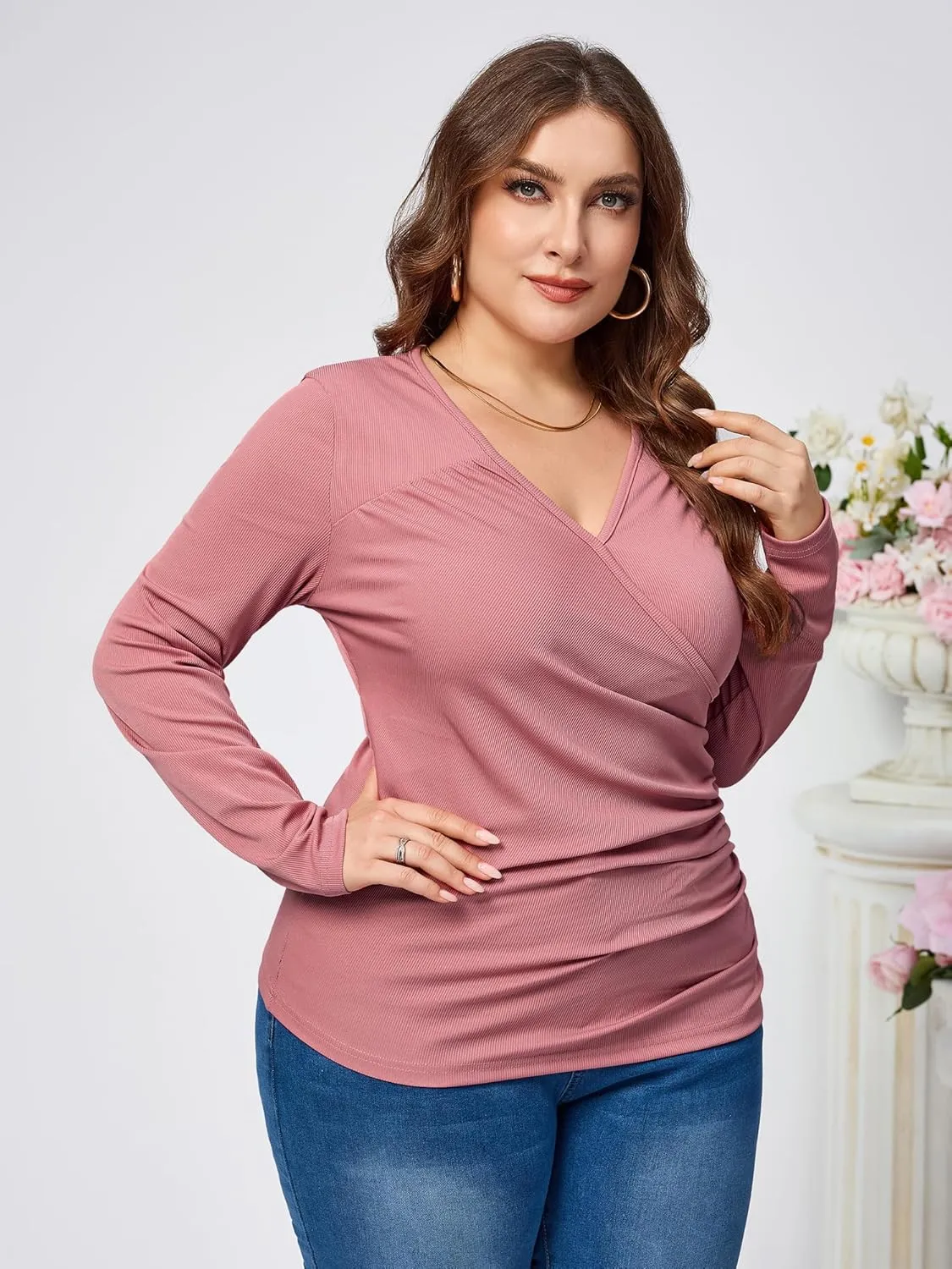 TAKEYAL Women Plus Size Wrap Tops Long Sleeve V Neck Ruched T-Shirt Sexy Casual Fall Trendy Tunic Top 2024