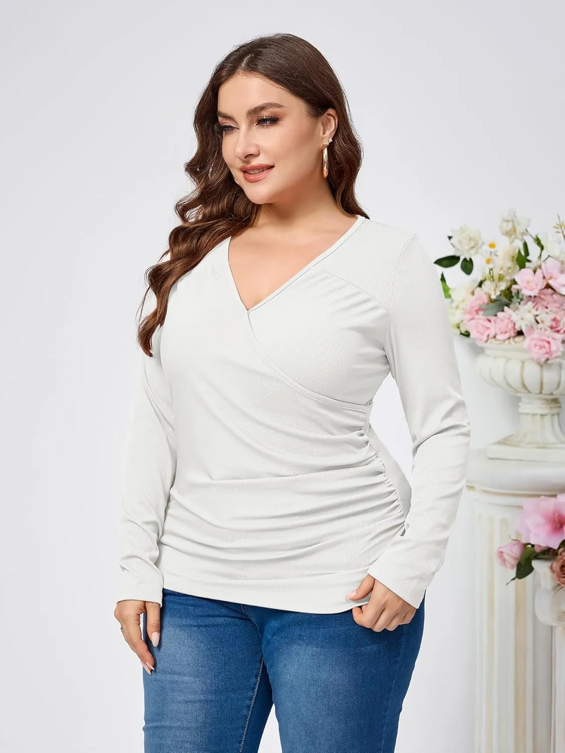TAKEYAL Women Plus Size Wrap Tops Long Sleeve V Neck Ruched T-Shirt Sexy Casual Fall Trendy Tunic Top 2024