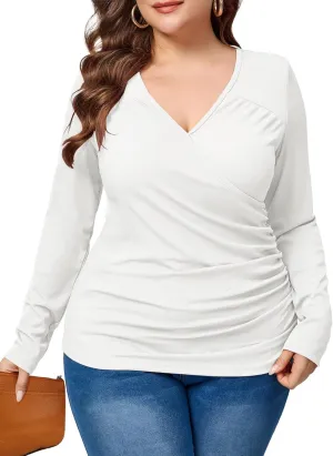 TAKEYAL Women Plus Size Wrap Tops Long Sleeve V Neck Ruched T-Shirt Sexy Casual Fall Trendy Tunic Top 2024