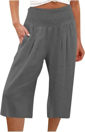 TANGNADE Cotton Linen Pants Women Plus Size Wide Leg Capri 2025 Vacation Summer Capris Lightweight Dressy Outfits