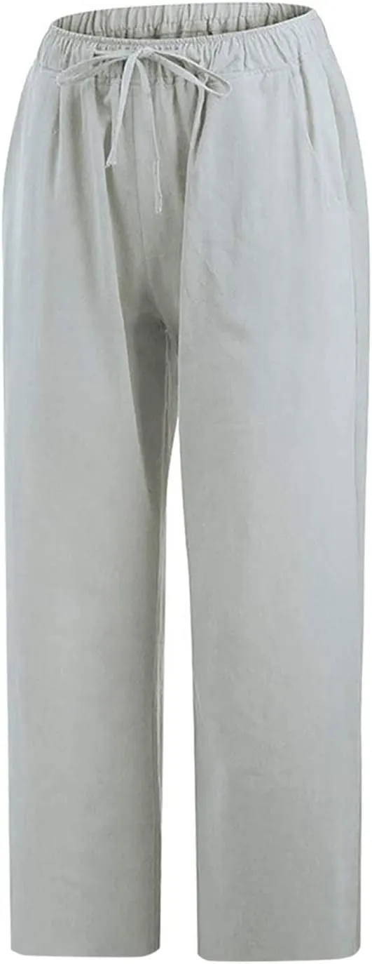 TANGNADE Ladies Capri Pants with Pockets Summer Cotton Linen Pant Loose Comfy Elastic Waist Wide Leg Crop Trouser