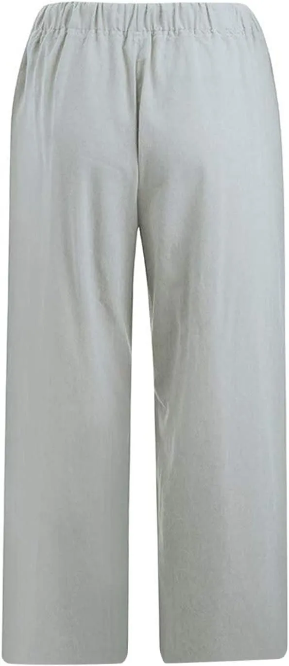 TANGNADE Ladies Capri Pants with Pockets Summer Cotton Linen Pant Loose Comfy Elastic Waist Wide Leg Crop Trouser
