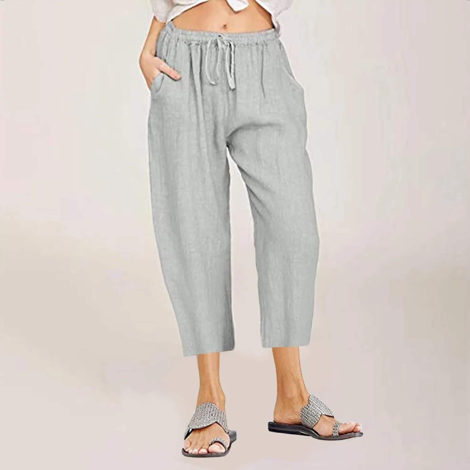 TANGNADE Ladies Capri Pants with Pockets Summer Cotton Linen Pant Loose Comfy Elastic Waist Wide Leg Crop Trouser