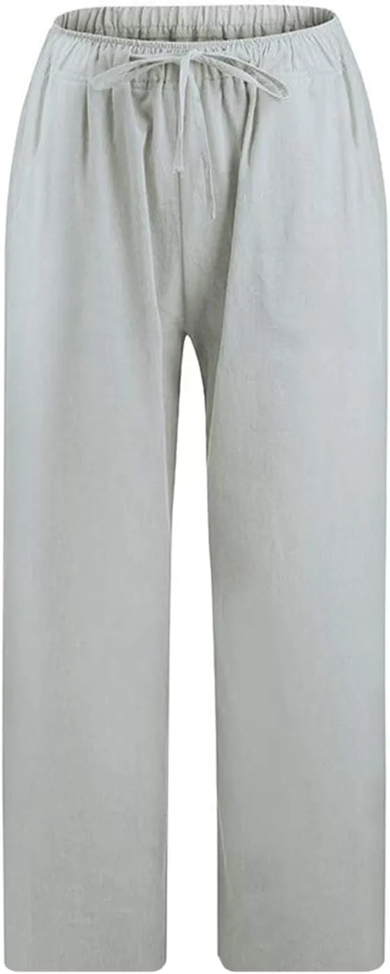 TANGNADE Ladies Capri Pants with Pockets Summer Cotton Linen Pant Loose Comfy Elastic Waist Wide Leg Crop Trouser
