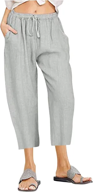TANGNADE Ladies Capri Pants with Pockets Summer Cotton Linen Pant Loose Comfy Elastic Waist Wide Leg Crop Trouser