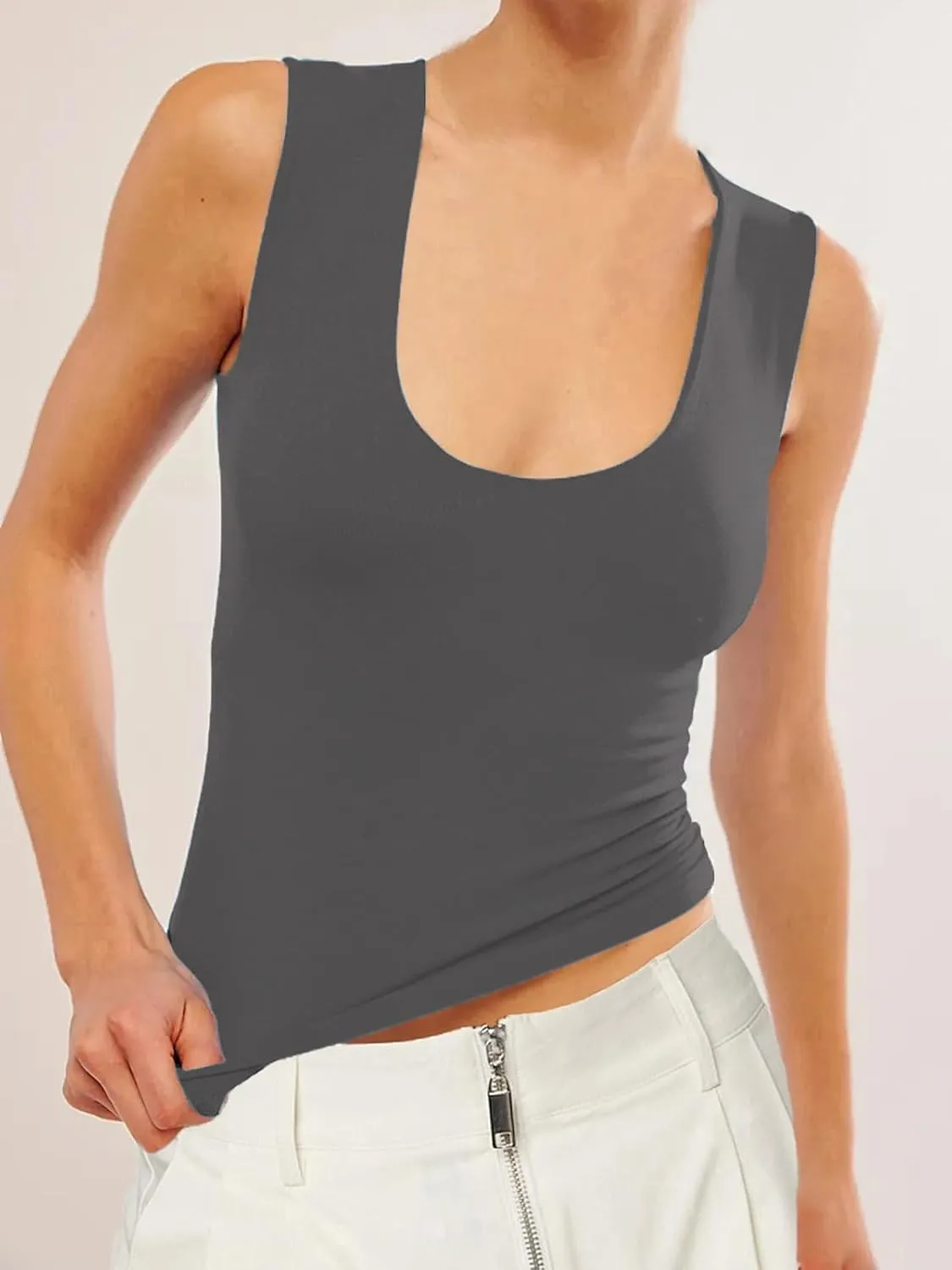 Tank Tops for Women - Double Lined Workout Top Scoop Neck Summer Cute Sleeveless Basic