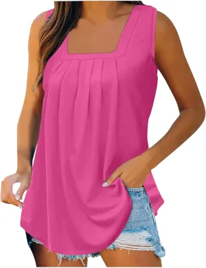 Tank Tops for Women Summer 2025 Square Neck Pleated Sleeveless Top Casual Loose Fit Plus Size Basic Vest