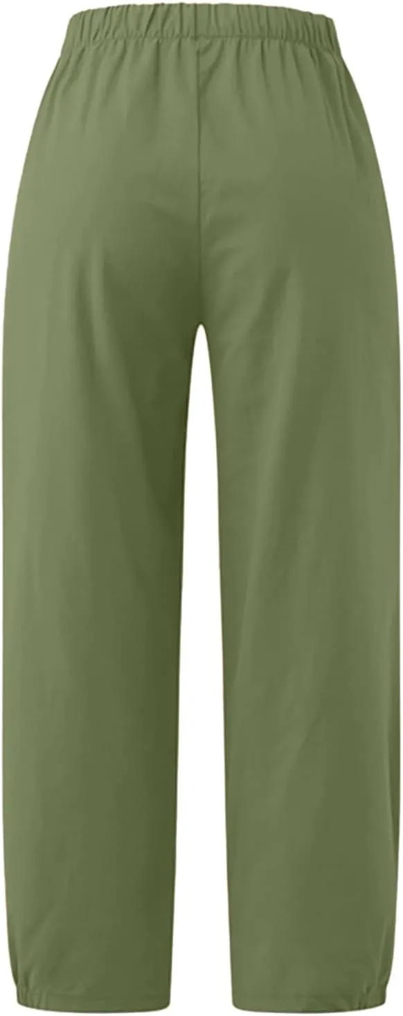 TBA Women's Casual Pants Summer Wide Leg Capris Drawstring Elastic High Waist Cotton Cropped Trousers with Pockets