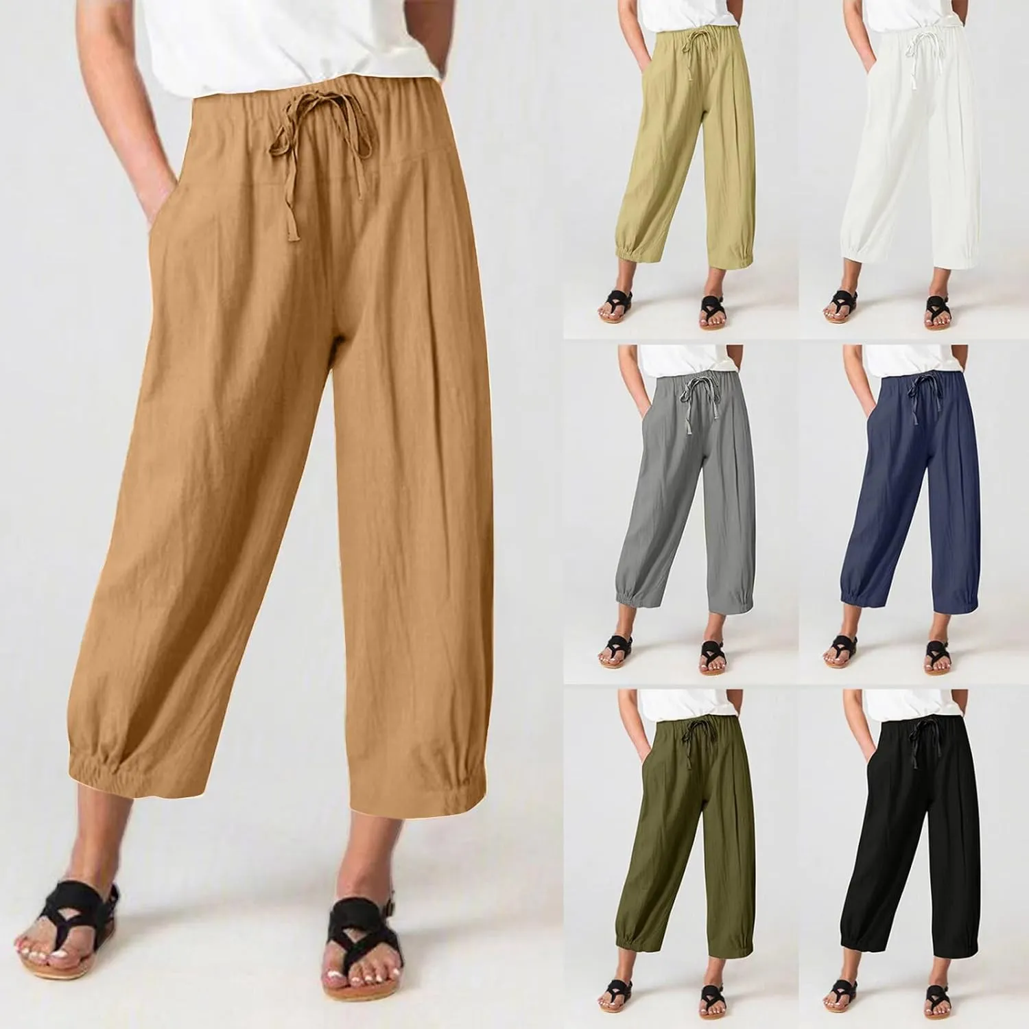 TBA Women's Casual Pants Summer Wide Leg Capris Drawstring Elastic High Waist Cotton Cropped Trousers with Pockets