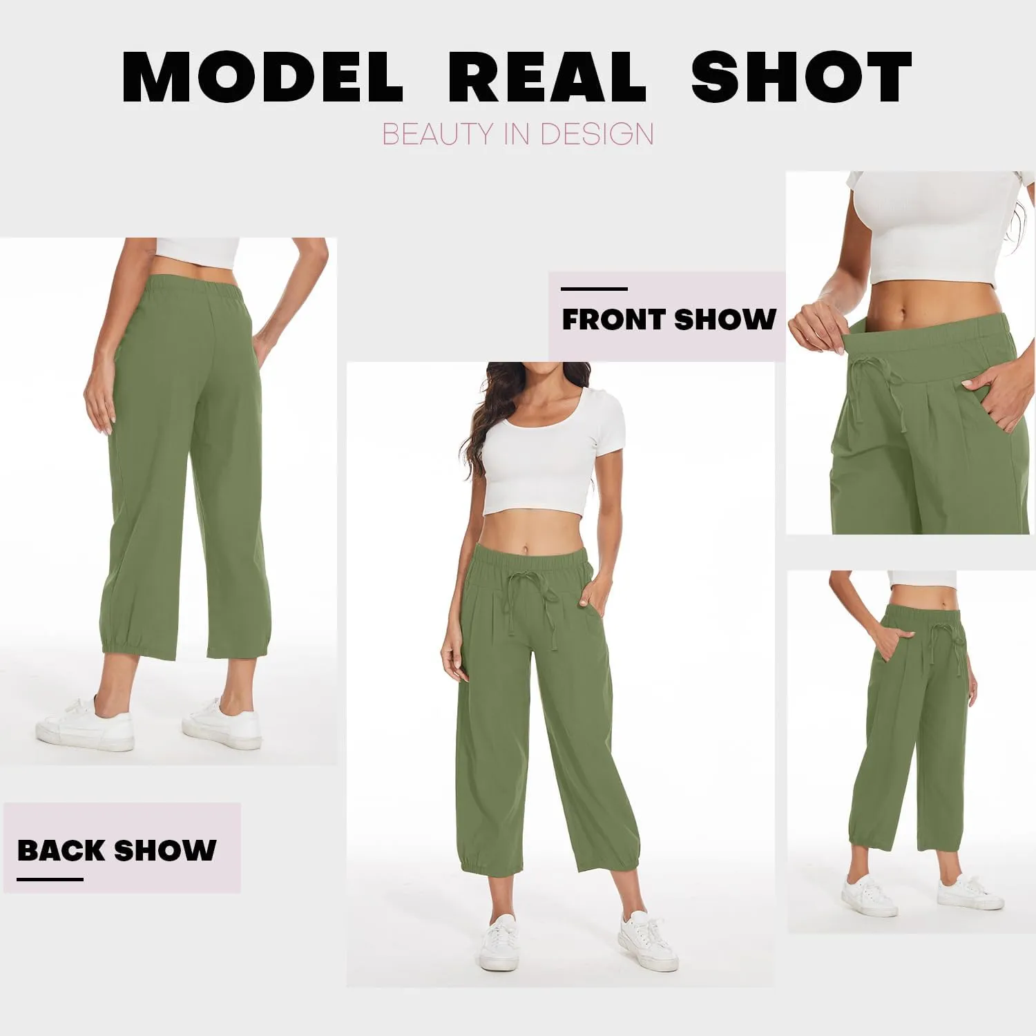 TBA Women's Casual Pants Summer Wide Leg Capris Drawstring Elastic High Waist Cotton Cropped Trousers with Pockets