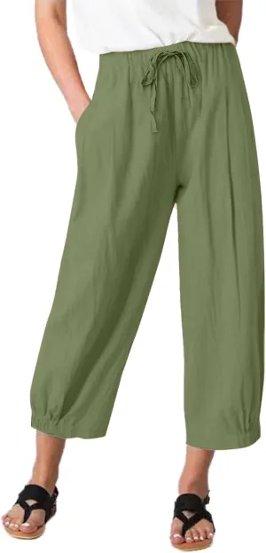 TBA Women's Casual Pants Summer Wide Leg Capris Drawstring Elastic High Waist Cotton Cropped Trousers with Pockets