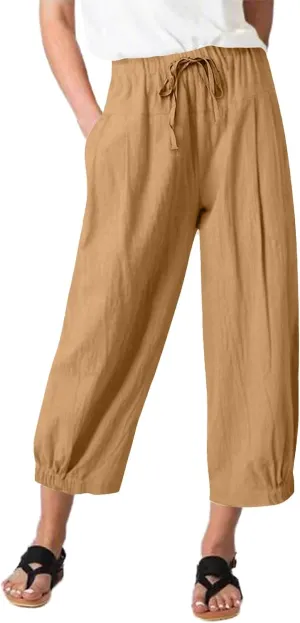 TBA Women's Casual Pants Summer Wide Leg Capris Drawstring Elastic High Waist Cotton Cropped Trousers with Pockets