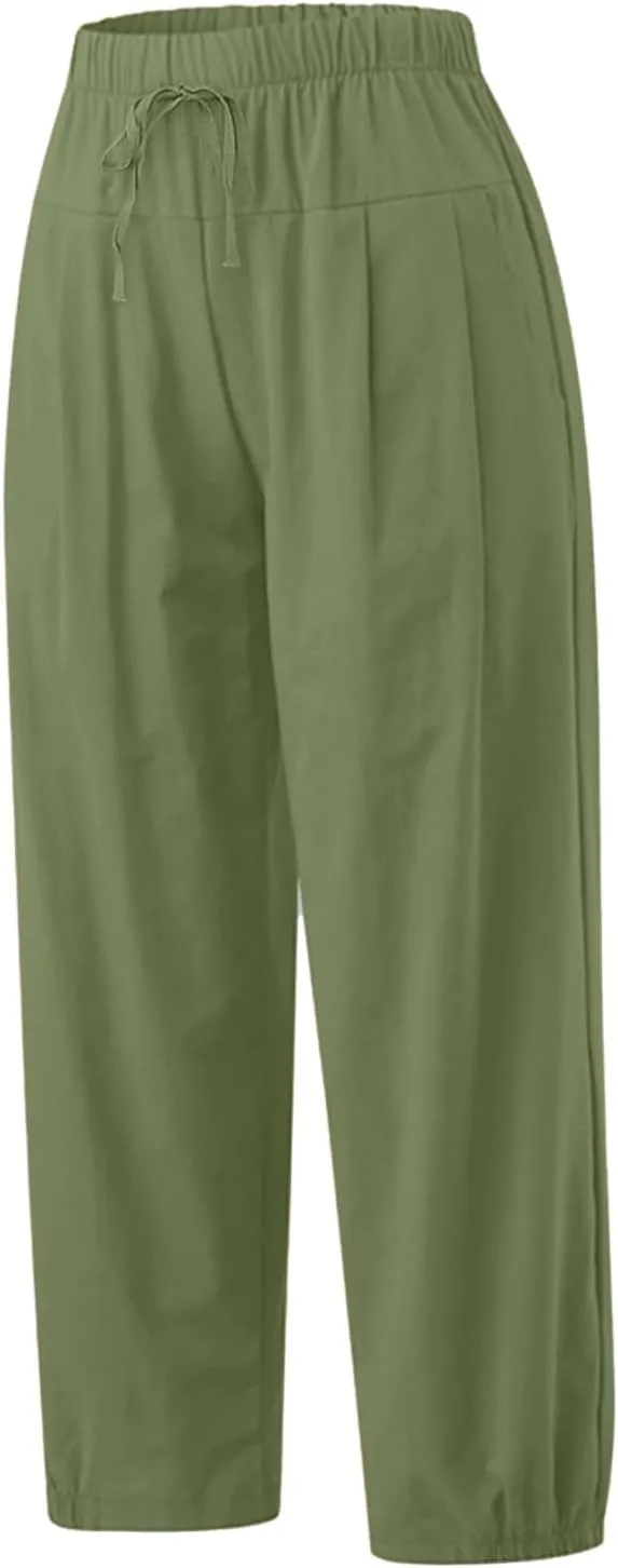 TBA Women's Casual Pants Summer Wide Leg Capris Drawstring Elastic High Waist Cotton Cropped Trousers with Pockets
