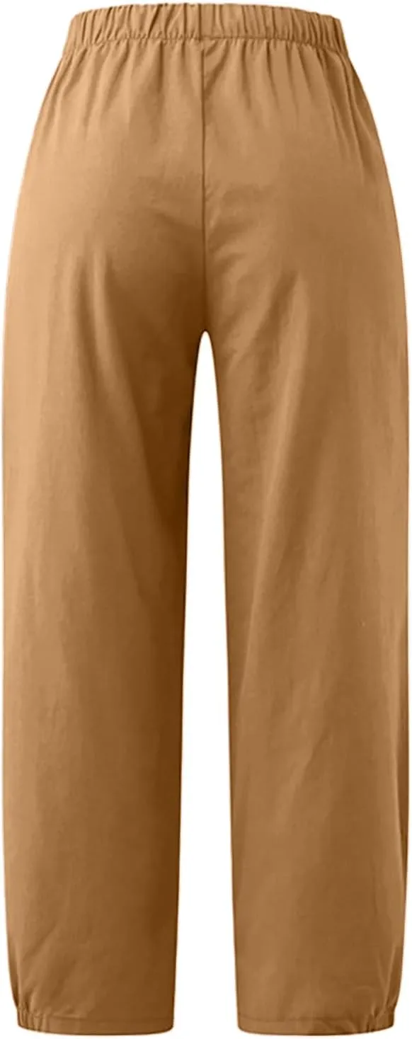 TBA Women's Casual Pants Summer Wide Leg Capris Drawstring Elastic High Waist Cotton Cropped Trousers with Pockets