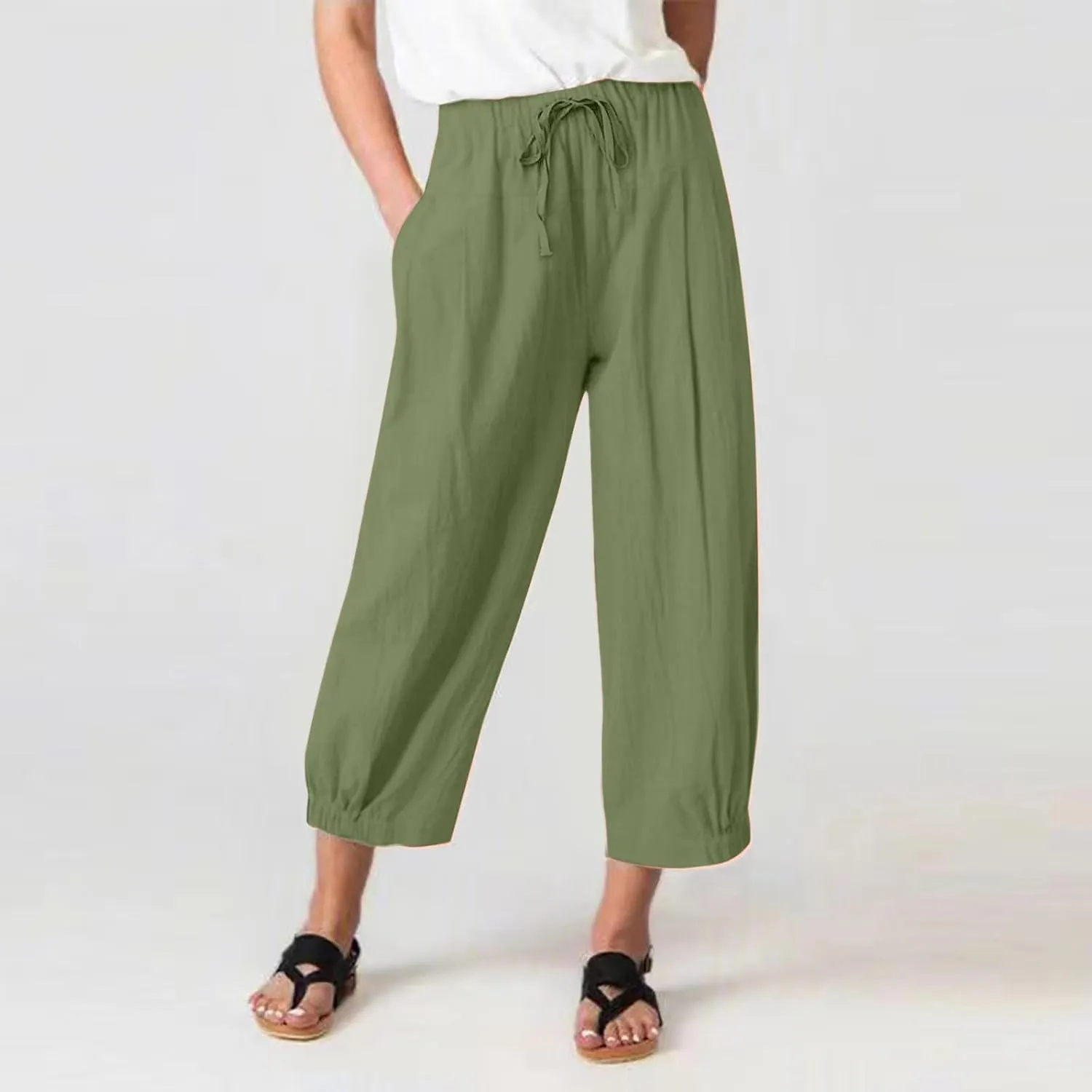 TBA Women's Casual Pants Summer Wide Leg Capris Drawstring Elastic High Waist Cotton Cropped Trousers with Pockets
