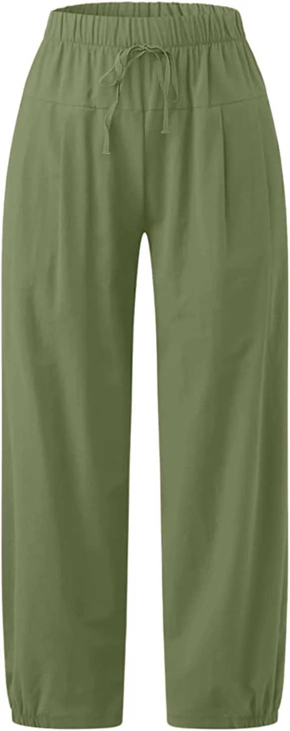 TBA Women's Casual Pants Summer Wide Leg Capris Drawstring Elastic High Waist Cotton Cropped Trousers with Pockets
