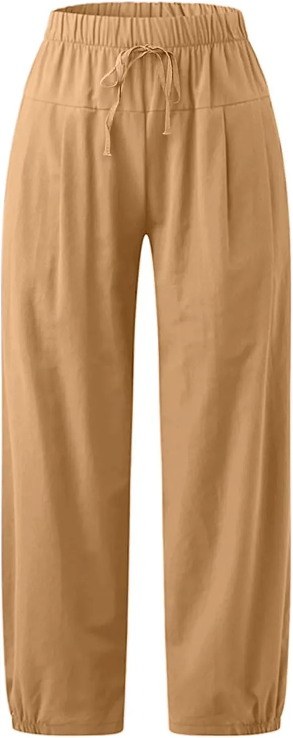 TBA Women's Casual Pants Summer Wide Leg Capris Drawstring Elastic High Waist Cotton Cropped Trousers with Pockets