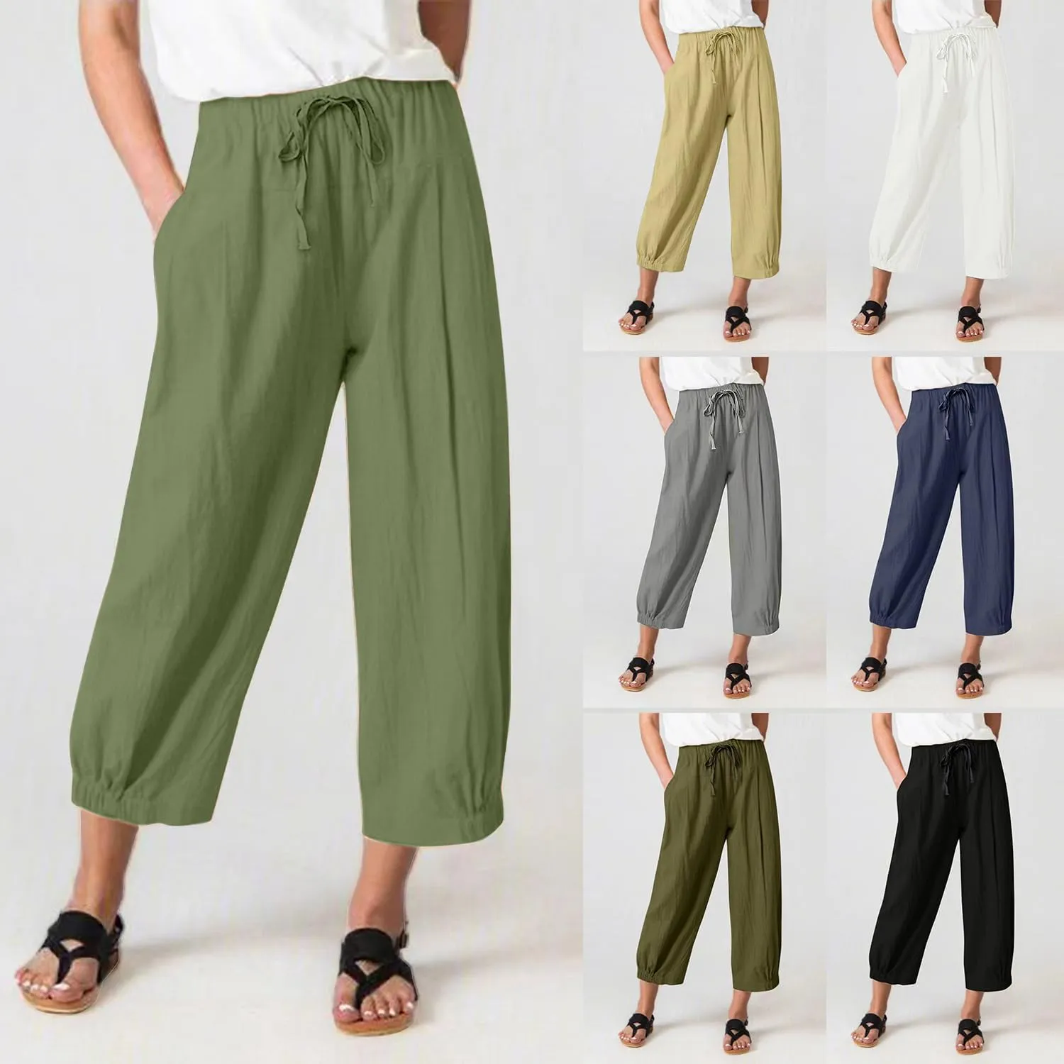 TBA Women's Casual Pants Summer Wide Leg Capris Drawstring Elastic High Waist Cotton Cropped Trousers with Pockets