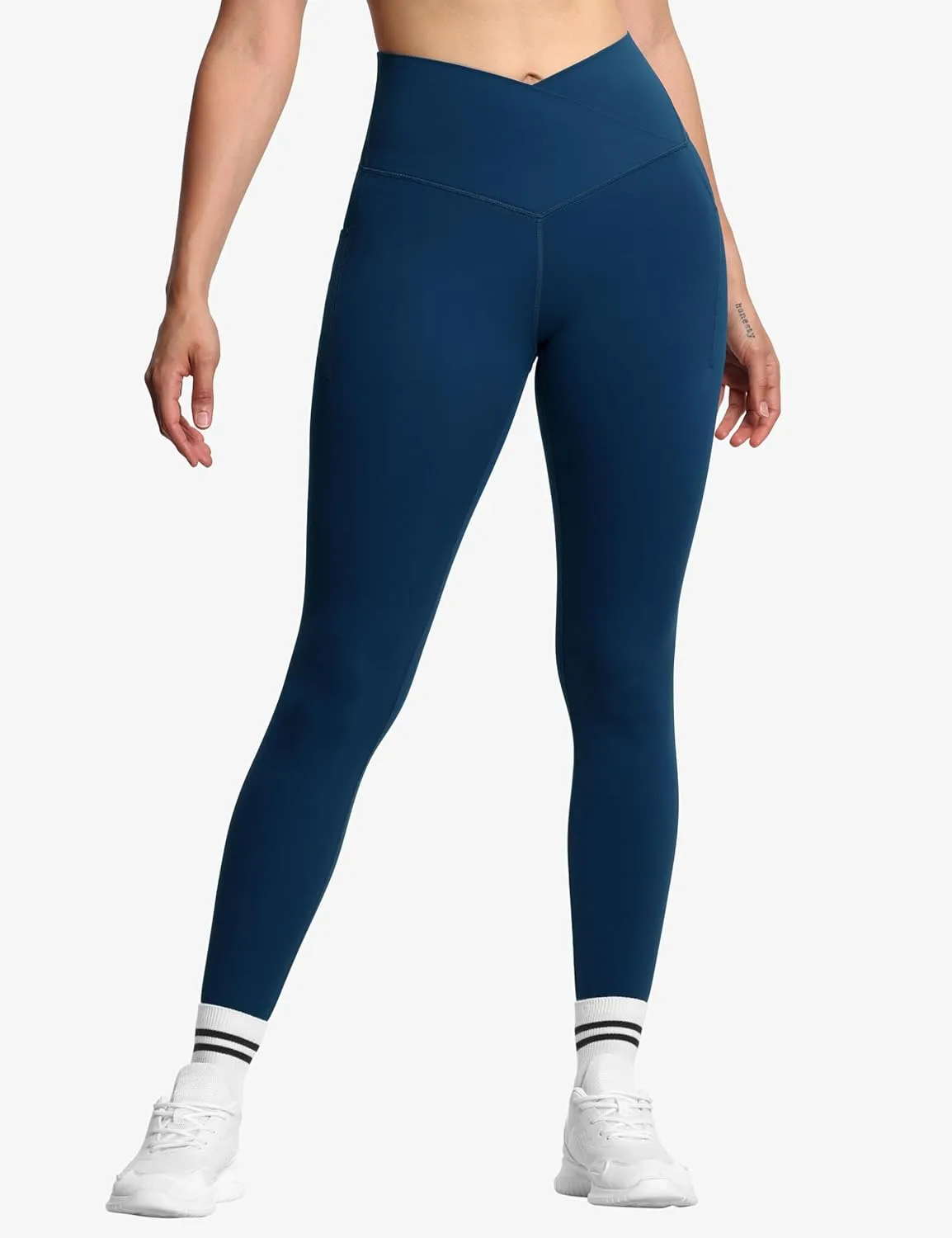 THE GYM PEOPLE Women's V Cross Waist Workout Leggings Tummy Control Running Yoga Pants with Pockets