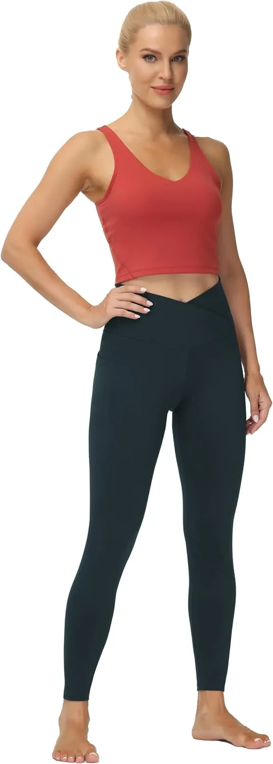 THE GYM PEOPLE Women's V Cross Waist Workout Leggings Tummy Control Running Yoga Pants with Pockets