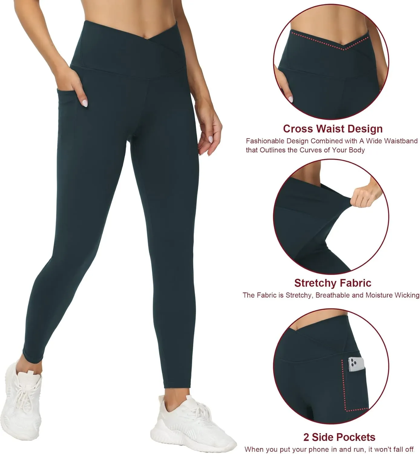 THE GYM PEOPLE Women's V Cross Waist Workout Leggings Tummy Control Running Yoga Pants with Pockets