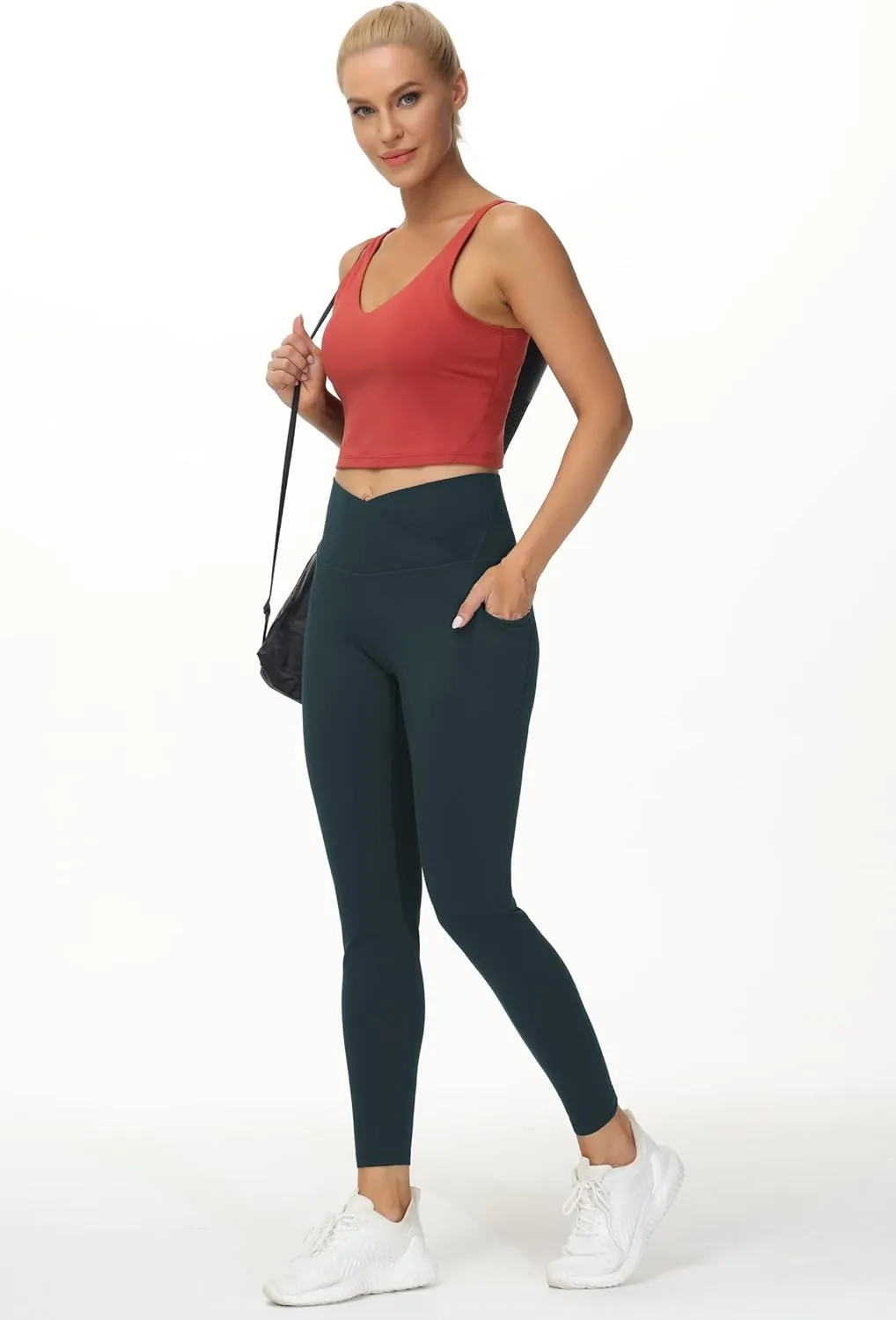 THE GYM PEOPLE Women's V Cross Waist Workout Leggings Tummy Control Running Yoga Pants with Pockets