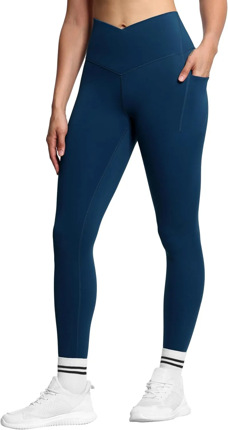 THE GYM PEOPLE Women's V Cross Waist Workout Leggings Tummy Control Running Yoga Pants with Pockets
