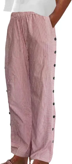 TIAFORD Womens Summer Stripe Linen Pants Casual Side Button Elastic Waisted Lightweight Loose Trousers with Pockets