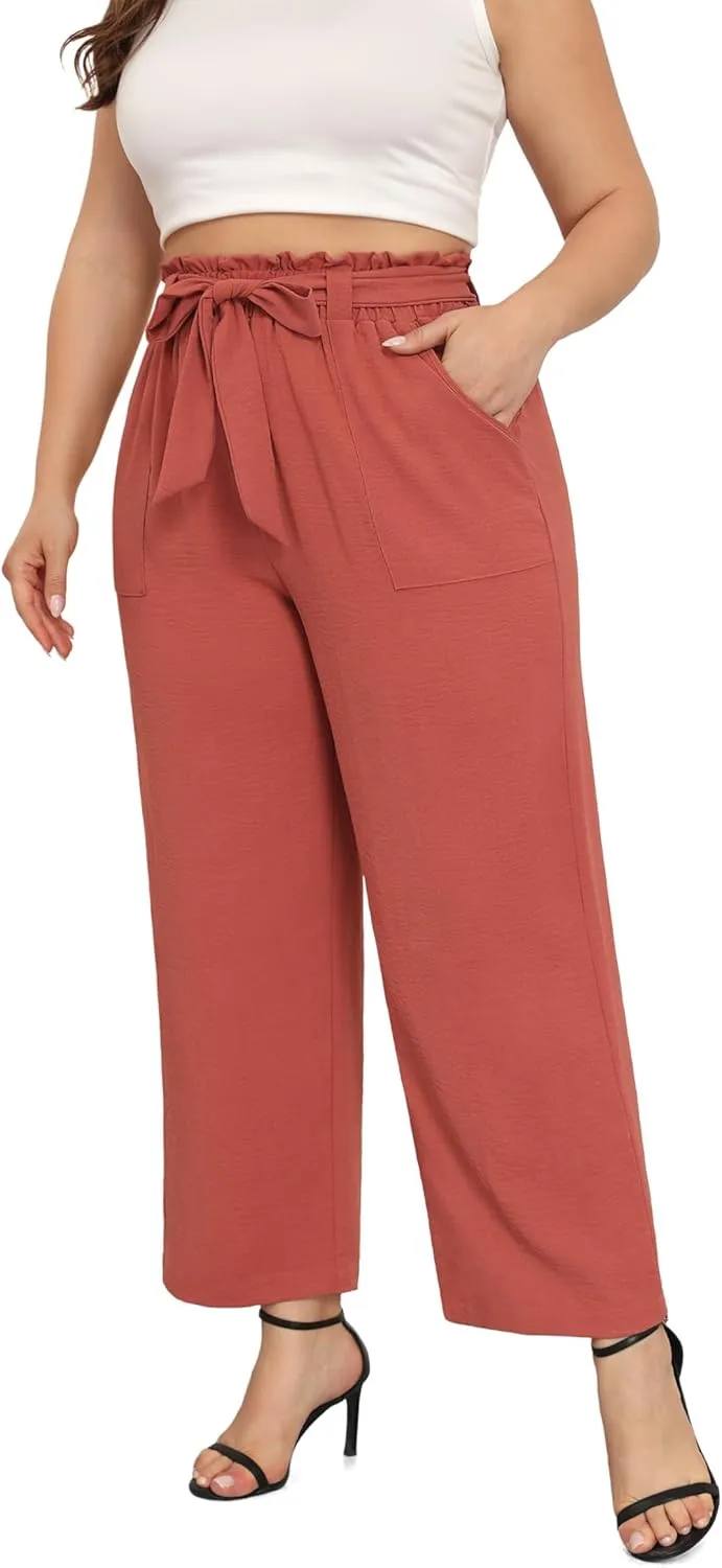 TIANZHU Plus Size Pants for Women - Wide Leg Linen Pants High Waisted Flowy Casual Lounge Trousers with Pockets