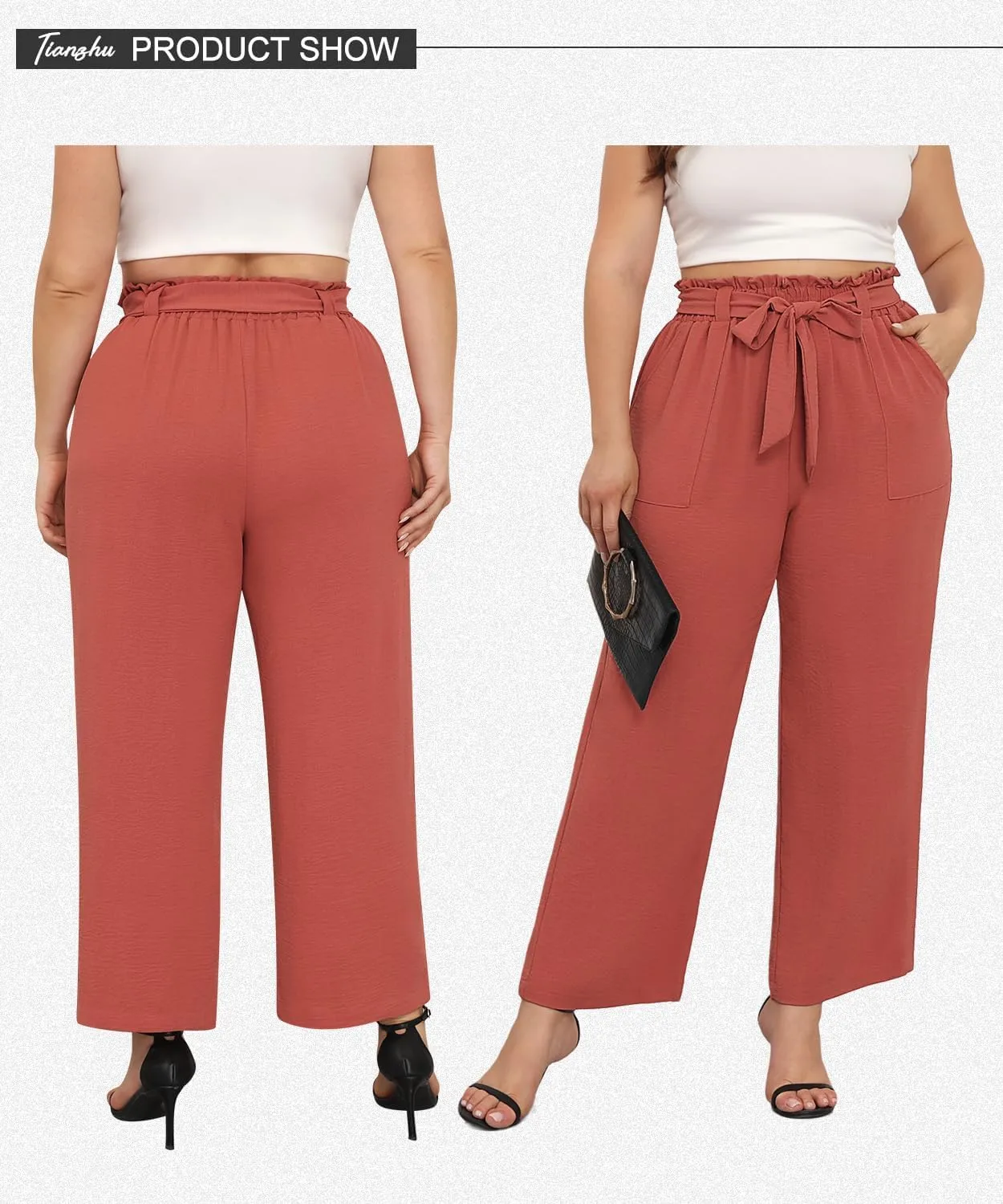 TIANZHU Plus Size Pants for Women - Wide Leg Linen Pants High Waisted Flowy Casual Lounge Trousers with Pockets