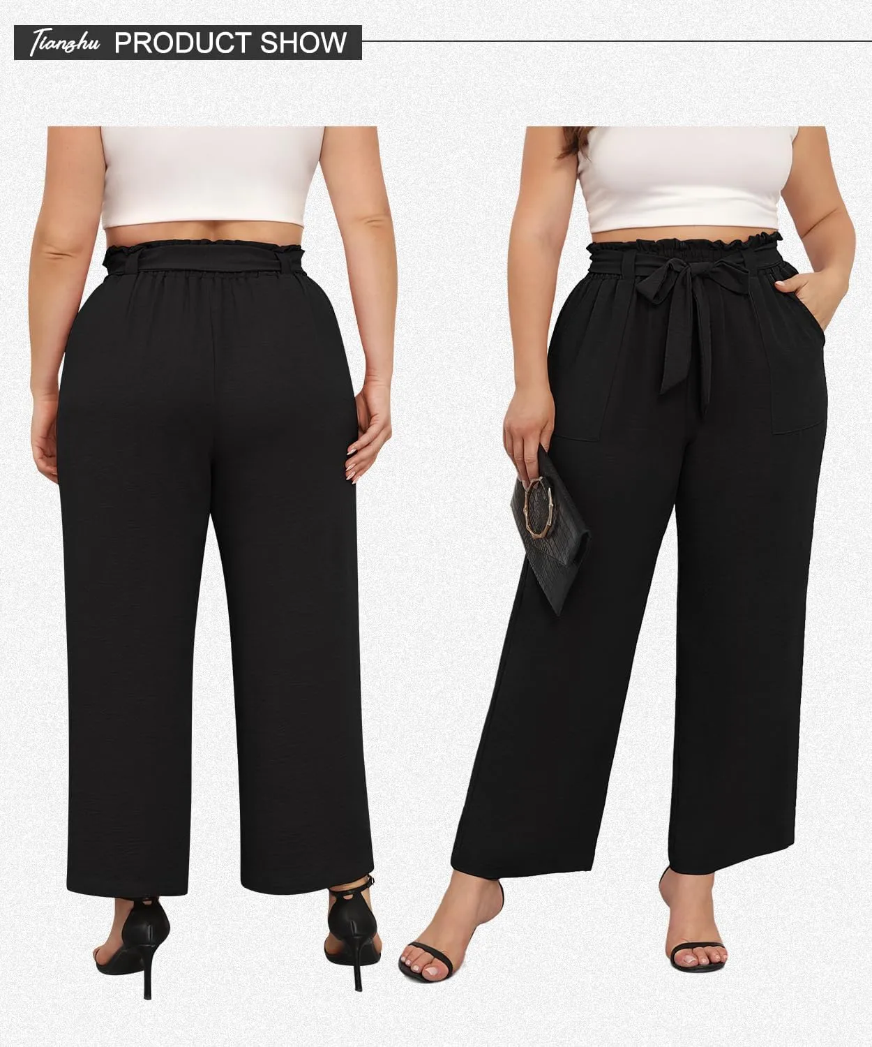 TIANZHU Plus Size Pants for Women - Wide Leg Linen Pants High Waisted Flowy Casual Lounge Trousers with Pockets