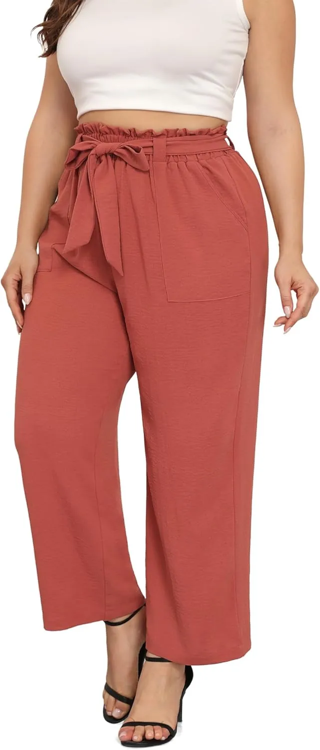 TIANZHU Plus Size Pants for Women - Wide Leg Linen Pants High Waisted Flowy Casual Lounge Trousers with Pockets