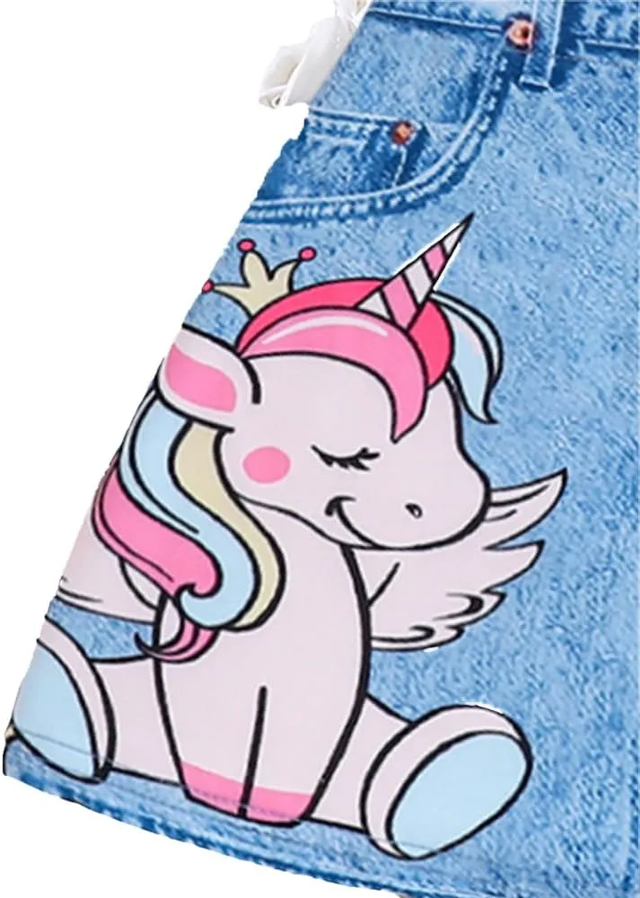 Toddler Girls Suit Unicorn Pattern Printed Short Sleeved & Jean Skirt-2 Pieces Outfits for Little Girls Size 3-7T