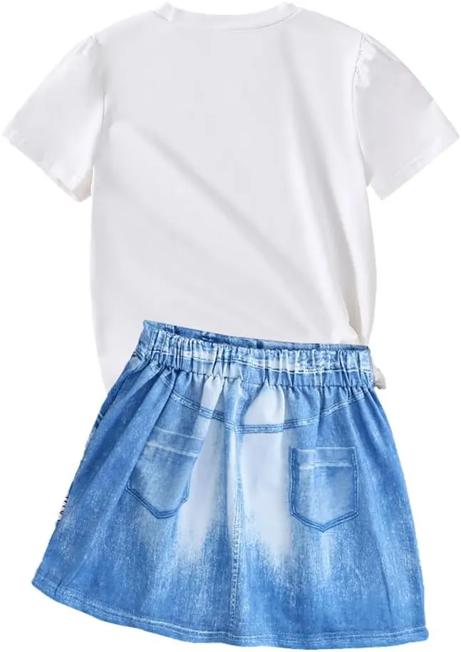 Toddler Girls Suit Unicorn Pattern Printed Short Sleeved & Jean Skirt-2 Pieces Outfits for Little Girls Size 3-7T